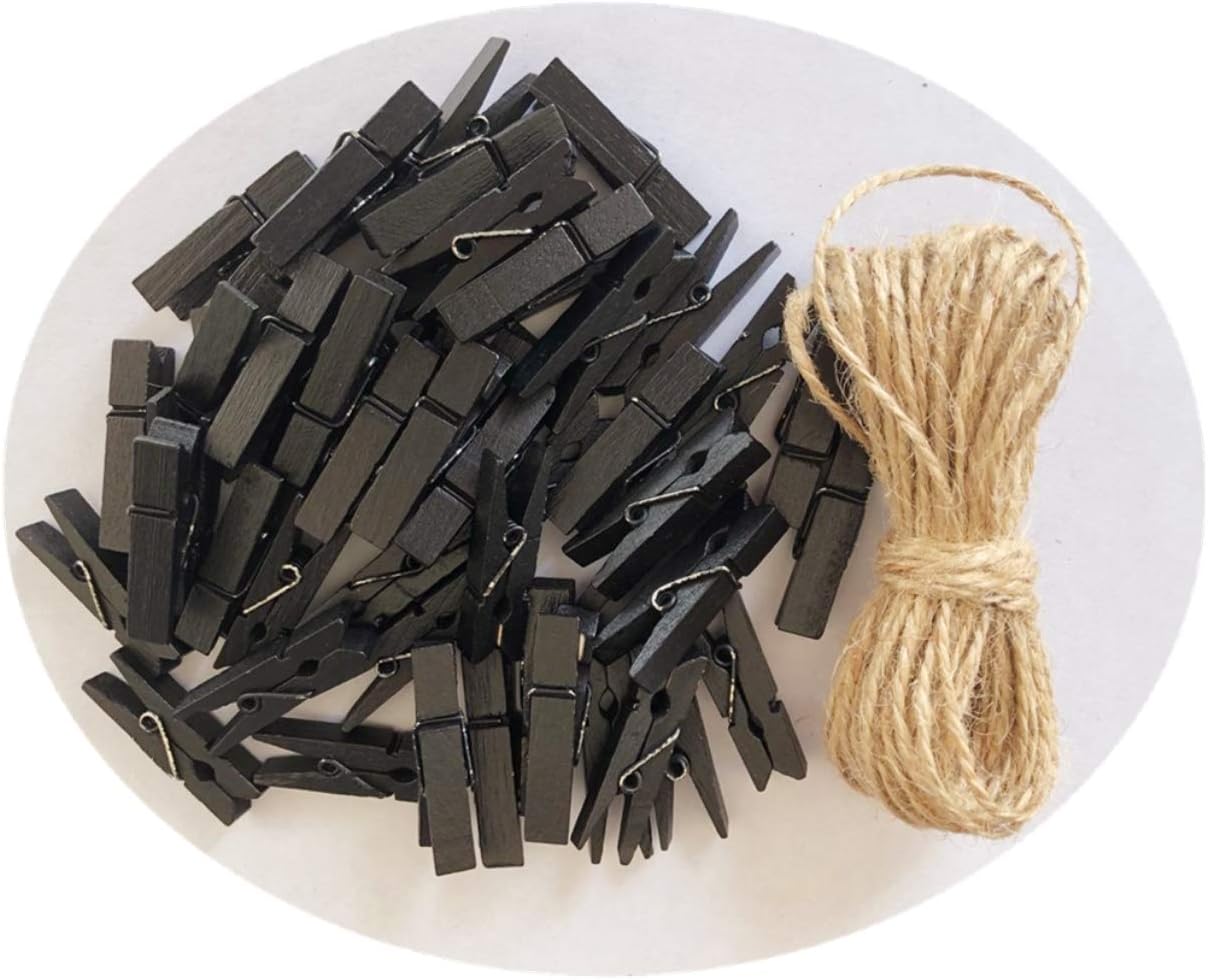 DurReus Wood Clothespins to Hang Photos School Projects 1.5 Inch Clothes Clips with Jute Twine Black Pack 50