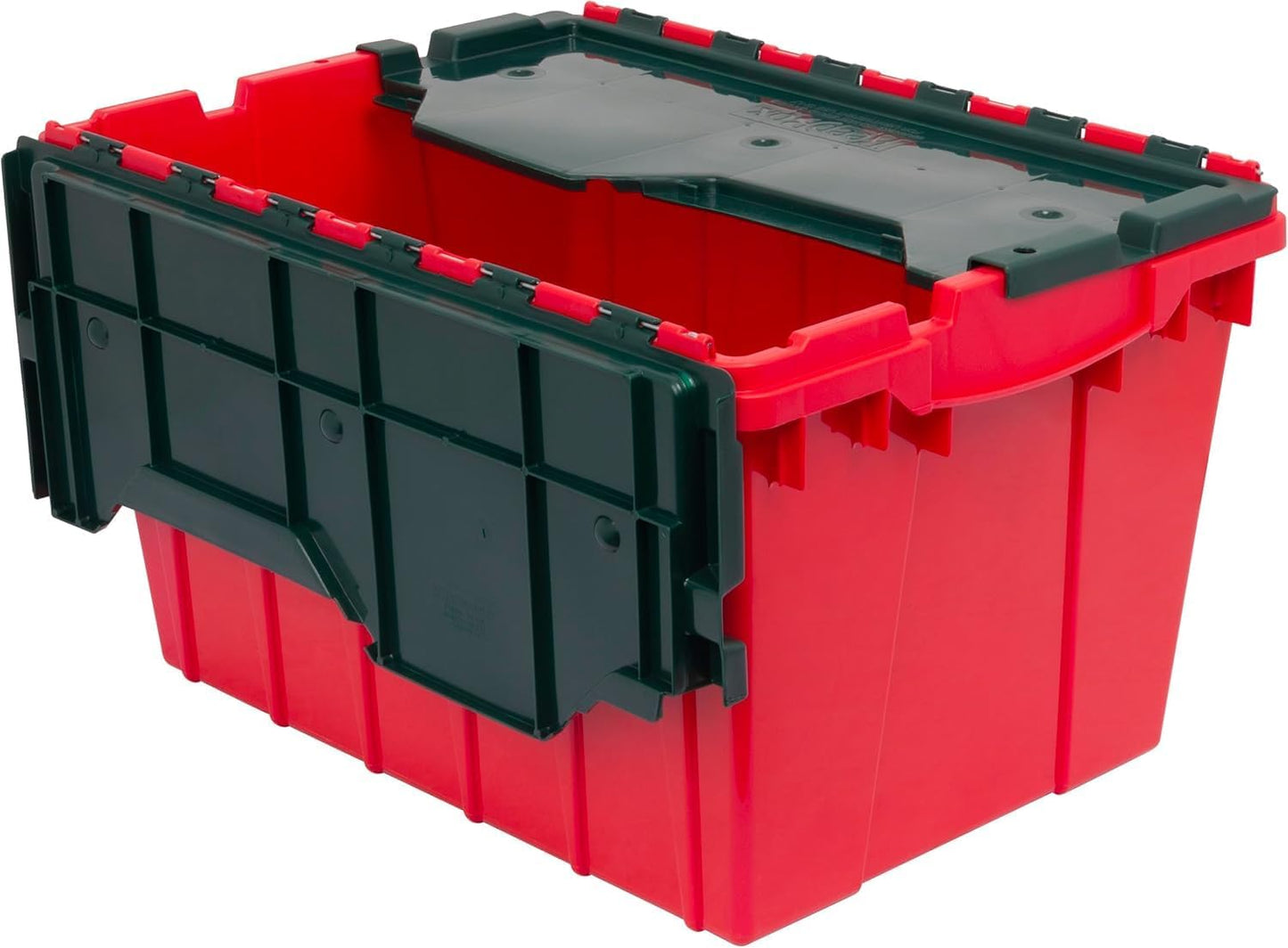 Akro-Mils KeepBox 12 Gallon Storage Container, Nesting and Stackable Plastic Storage Box with Lid Attached, Clear Tote for Garages, Closets, and Moving, 21-1/2" x 15" x 12-1/2", Red/Green