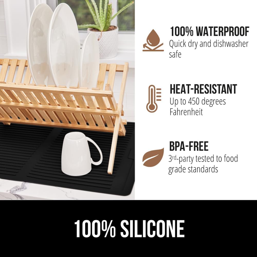 GORILLA GRIP 100% BPA-Free Patented Silicone Dish Drying Mat for Kitchen Counter, Water Catching Ribbed Design, Easy Clean Waterproof Sink Liner, Heat Resistant, Fits Under Rack, 13x11 Inch, Black