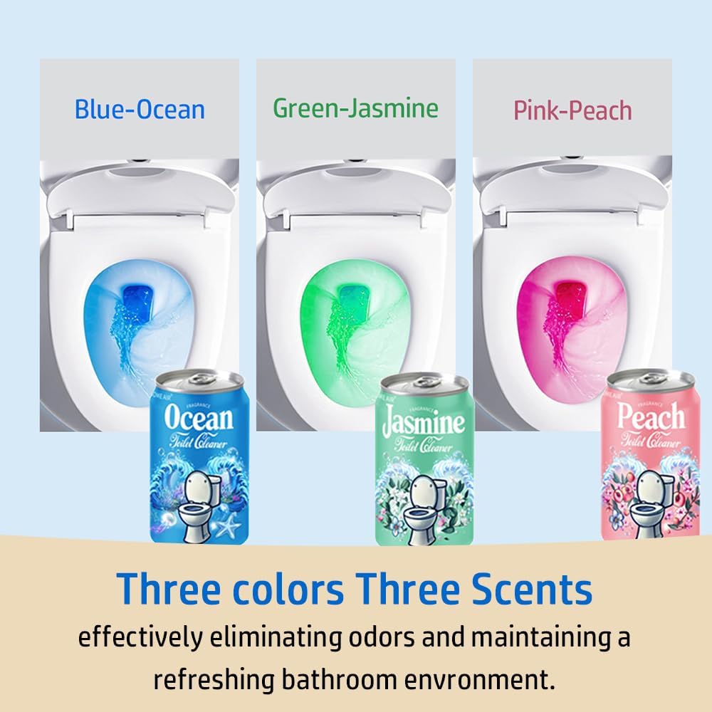 Beverage can Toilet Bowl Cleaner,Septic Toilet Bowl Tablets in Bottles, Automatic Long-Lasting Toilet Cleaner Bottle,Powerfully Cleans and Prevent Stain Build Up (Ocean, Jasmine, and Peach Scent)