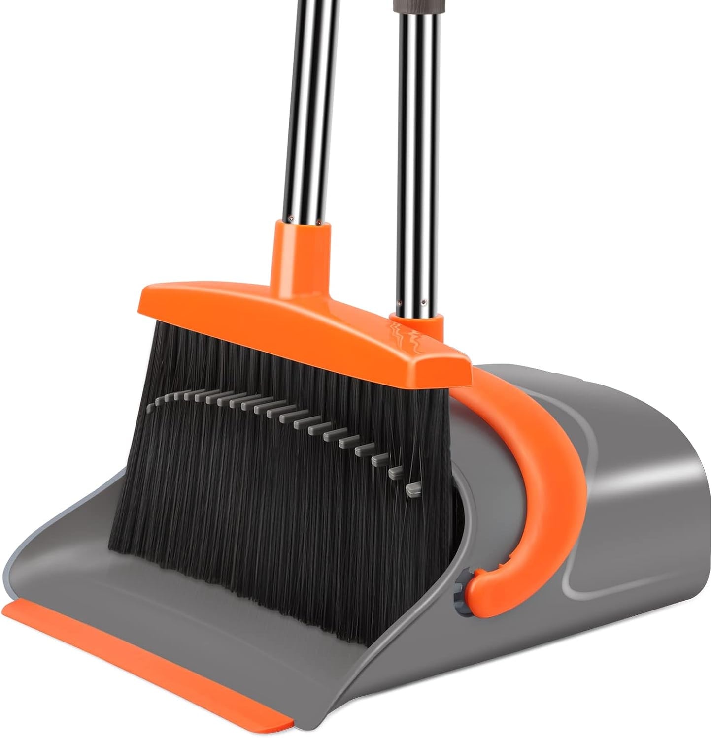 Broom and Dustpan Set for Home, Broom and Dustpan Combo for Office, Long Handle Broom with Upright Standing Dust pan,Indoor&Outdoor Sweeping (Gray&Orange)