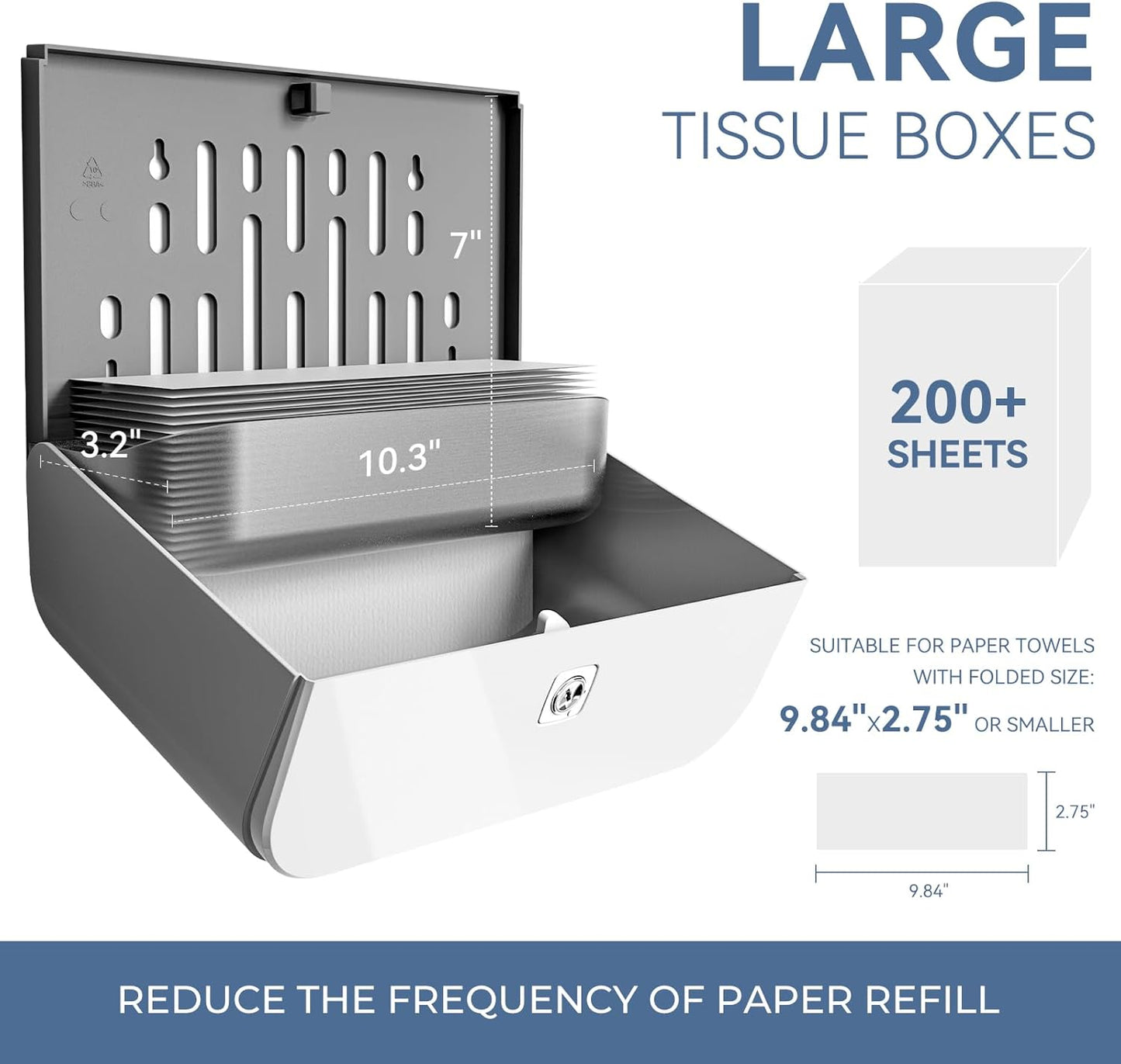 Commercial Paper Towel Dispenser Wall Mount C-Fold Multifold Trifold Hand Towels Dispenser for Bathroom, Two Key Lock Design No-Drilling Adhesive & Screws Included, ABS Built, White-PN6012