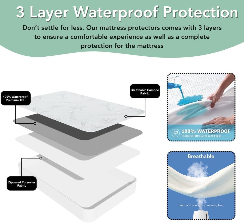 Bamboo Rayon Mattress Protector with Zipper + 2 Pillow Protectors - 100% Waterproof Cooling Full Size Cover - Ultra Soft Fabric Breathable Noiseless Mattress Pad Covers Zippered Encasement
