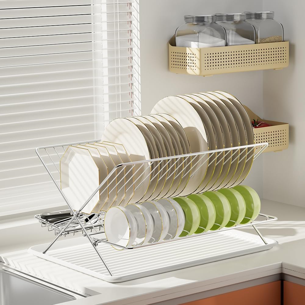 Dish Drying Rack with Drip Tray, 3 Tier Collapsible Stainless Steel Dish Drainer, Plate Rack Holder for Kitchen Counter, Folding Dish Rack for Kitchen Sink, Countertop,Cutlery, Plates, Dishes