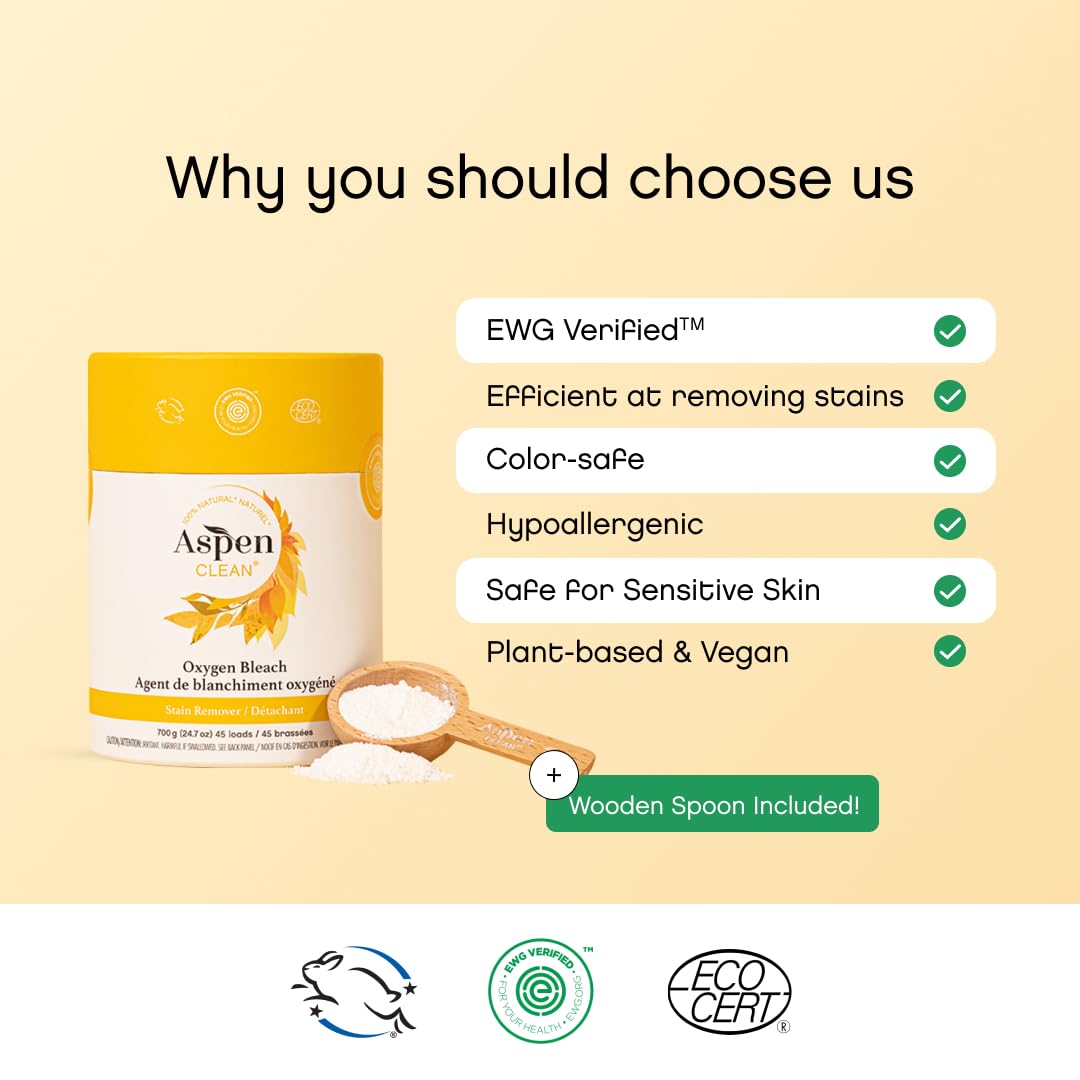 AspenClean Oxygen Whitener & Color Safe Stain Remover | Unscented | Hypoallergenic Bleach Alternative | EWG Verified | Non-Toxic | 45 Loads