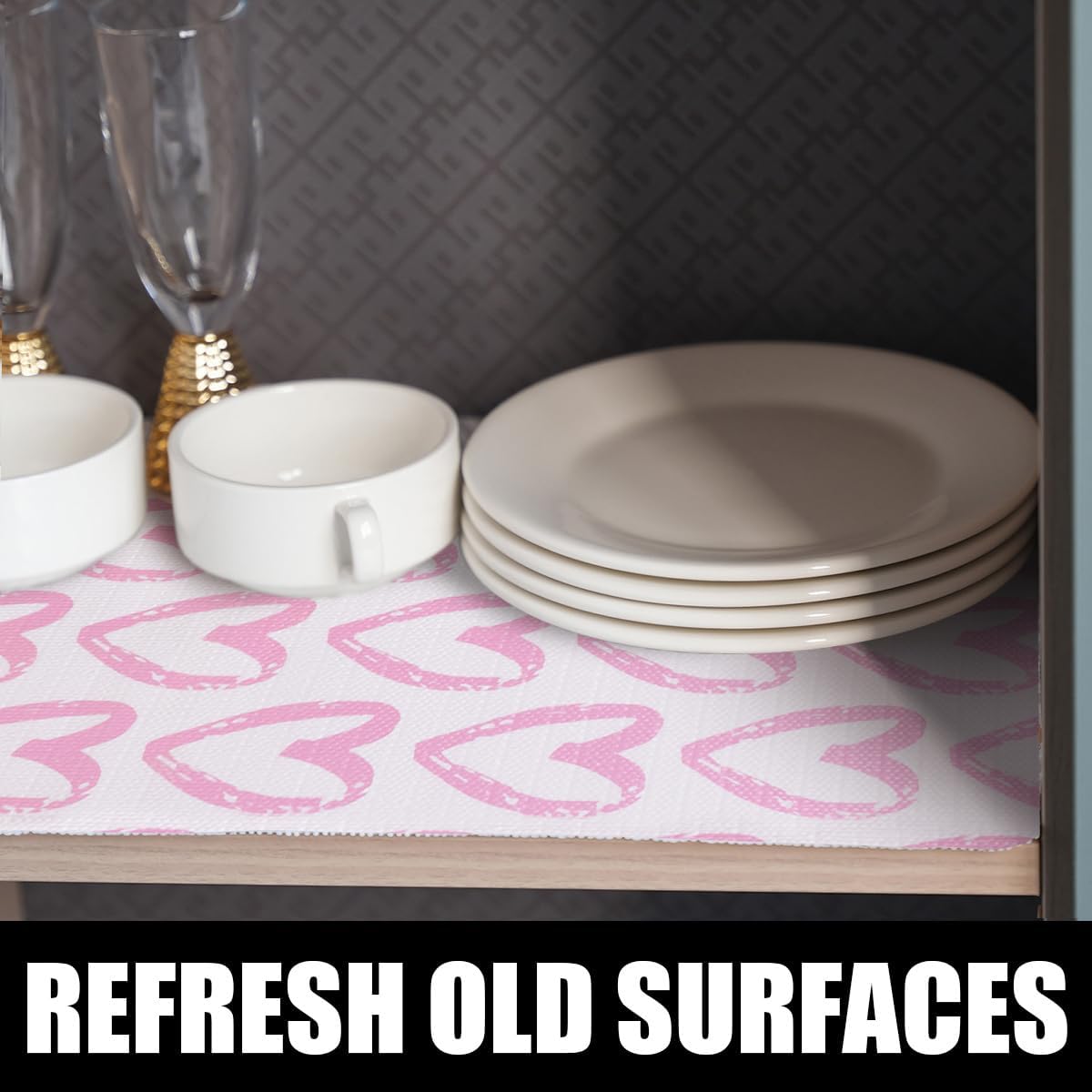 Heart Drawer Liner for Cabinets 16IN x 20FT,Shelf Liner Non-Adhesive and Strong Non-Slip Cabinet Drawer Liners for Kitchen,Table,Bookshelves,Waterproof Cupboard Liners,Pink