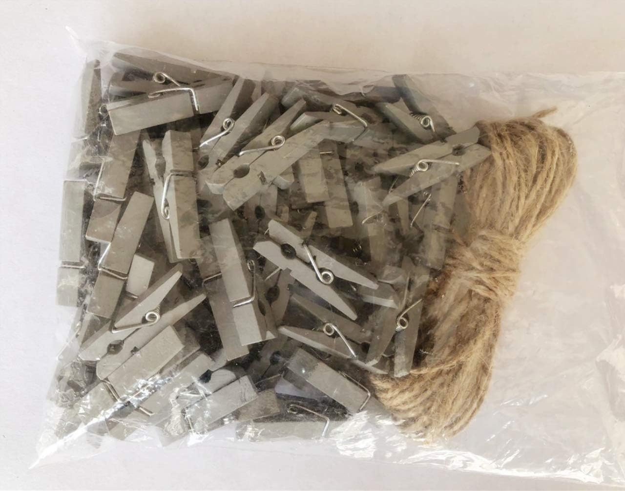 DurReus Wooden Clothespins for Pictures Travel Clothes Pin Home Decor Accessories with Jute Twine Gray Pack 50