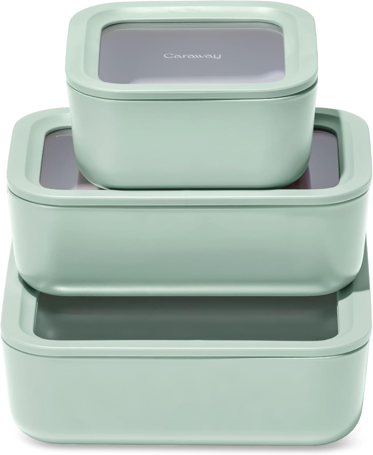 Caraway 3pc Glass Food Storage Set – 10 Cup, 6.6 Cup, & 4.4 Cup Food Containers - Ceramic Coated - Non Toxic Non Stick Lunch Box with Glass Lids - Dishwasher, Oven, & Microwave Safe - Mist