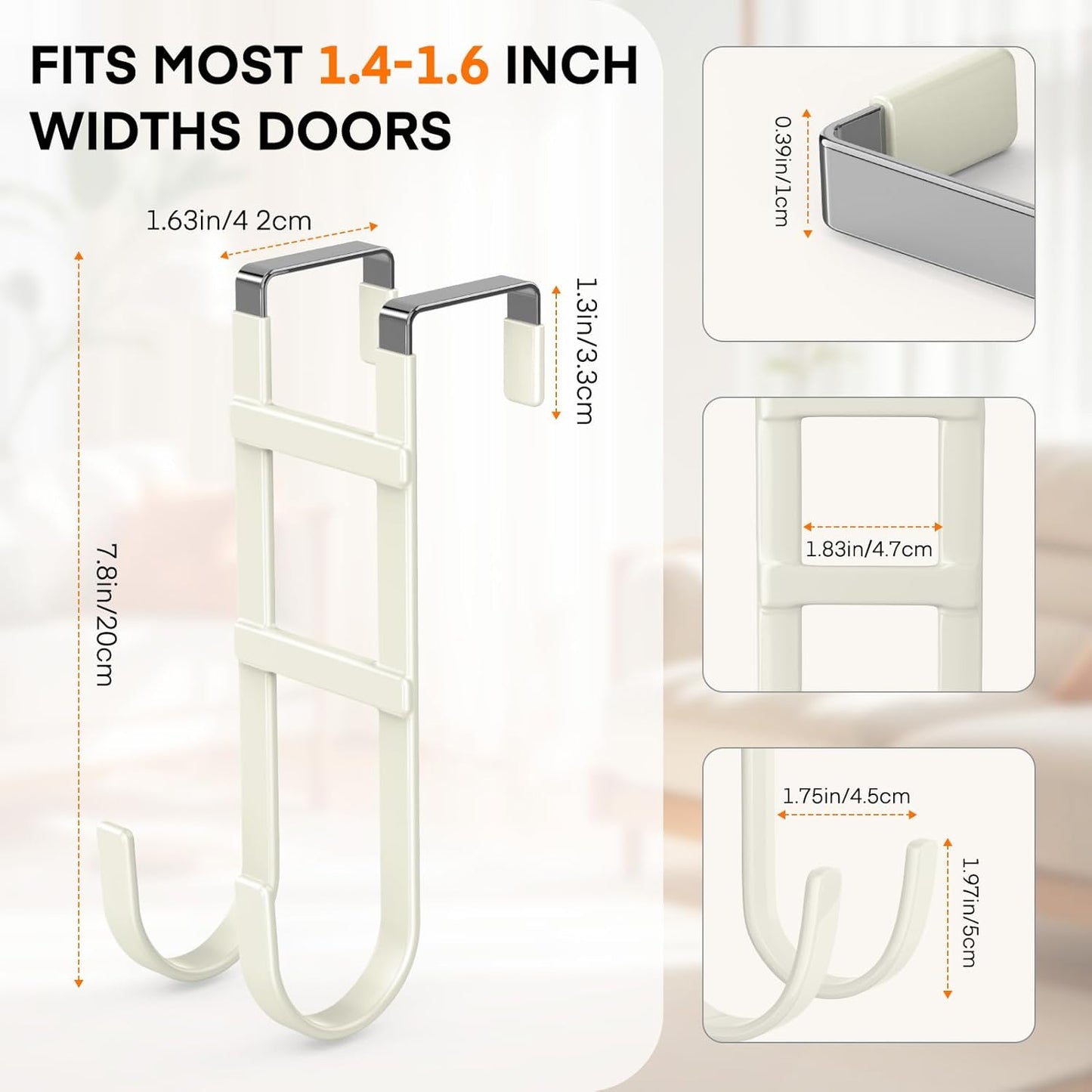 FYY Over The Door Hooks - 2 Pack Heavy Duty Dual-Hook Organizer Hanger with Non-Slip Rubber for Towels, Clothes, Hats & Bags Use in Bathroom, Bedroom, Kitchen - Fits Interior Doors Up to 1.6" Beige