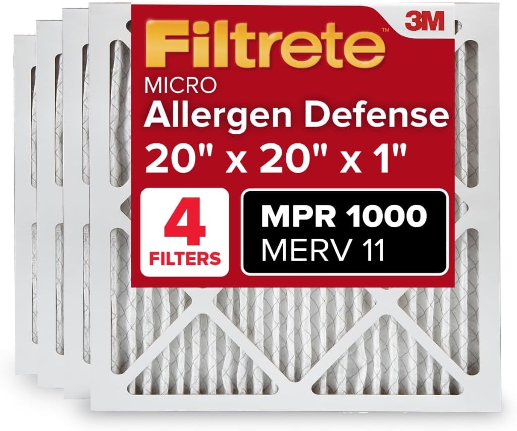 Filtrete 20x20x1 AC Furnace Air Filter, MERV 11, MPR 1000, Micro Allergen Defense, 3-Month Pleated 1-Inch Electrostatic Air Cleaning Filter, 4 Pack (Actual Size 19.69 x 19.69 x 0.81 in)