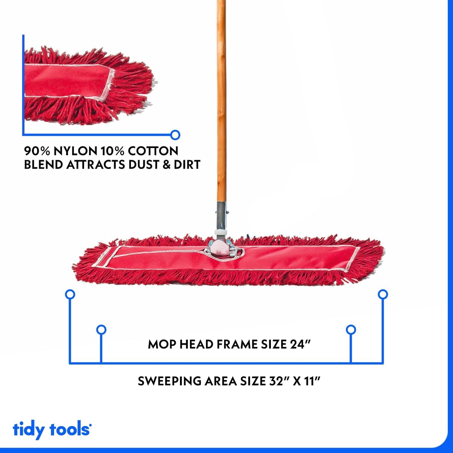 24 Inch Red Commercial Dust Mop & Floor Sweeper – Wood Handle Floor Mop for Tile, Hardwood & Concrete