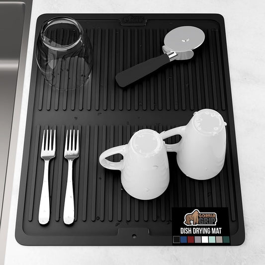 GORILLA GRIP 100% BPA-Free Patented Silicone Dish Drying Mat for Kitchen Counter, 18x16 Inch, Water Catching Ribbed Design, Easy Clean Waterproof Sink Liner, Heat Resistant, Fits Under Rack, Black