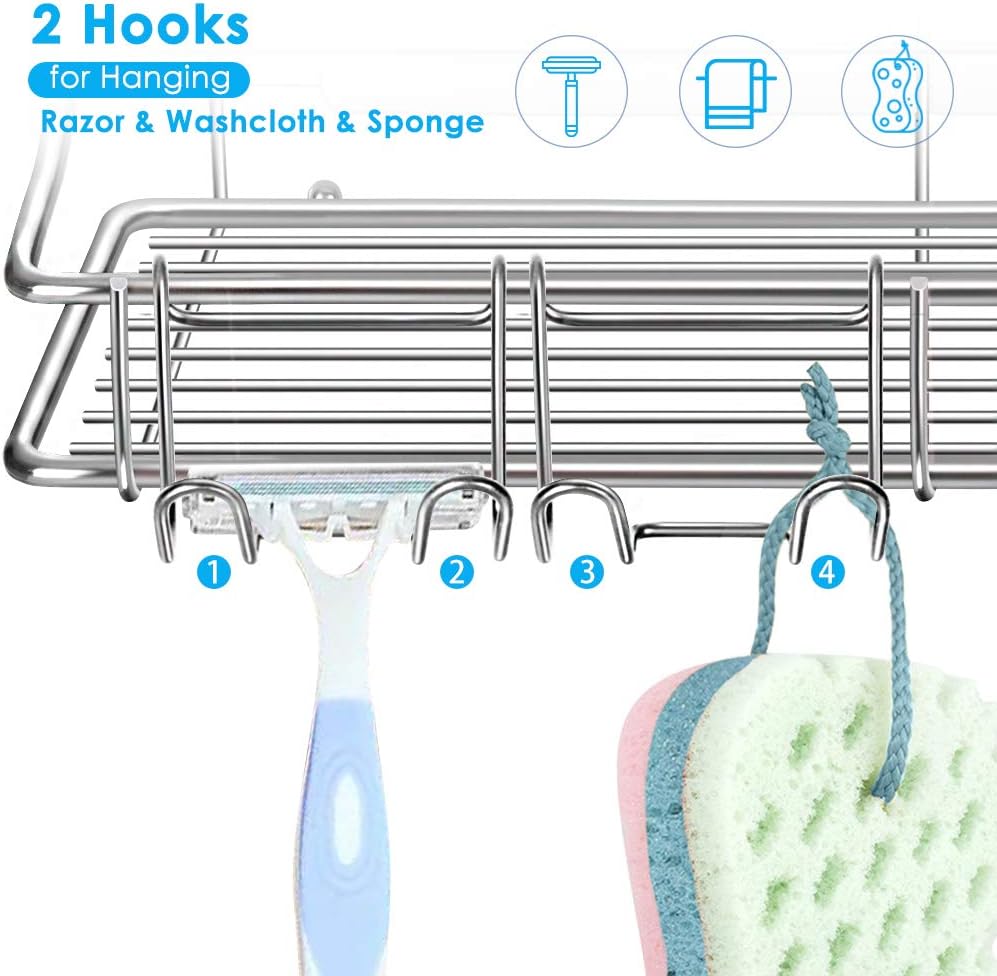 Nieifi Shower Caddy Shelf with Hooks Storage Rack Organizer Adhesive Stainless Steel without Drilling for Bathroom, Lavatory, Washroom, Restroom, Shower, Toilet, Kitchen (Sliver, 3 Pack)