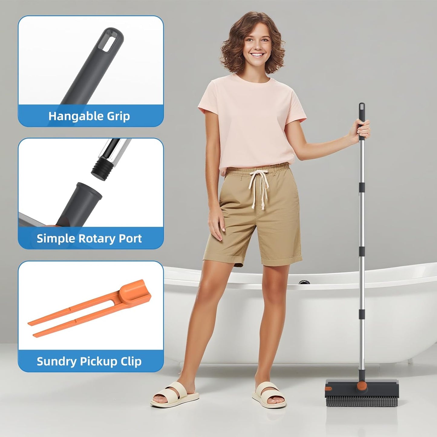 Scrub Brush with Long Handle, Floor Scrub Brush Squeegee Broom for Cleaning, 3 in 1 Shower Scrubber Floor Broom Squeegee for Concrete Tile Wall Deck Patio Grey