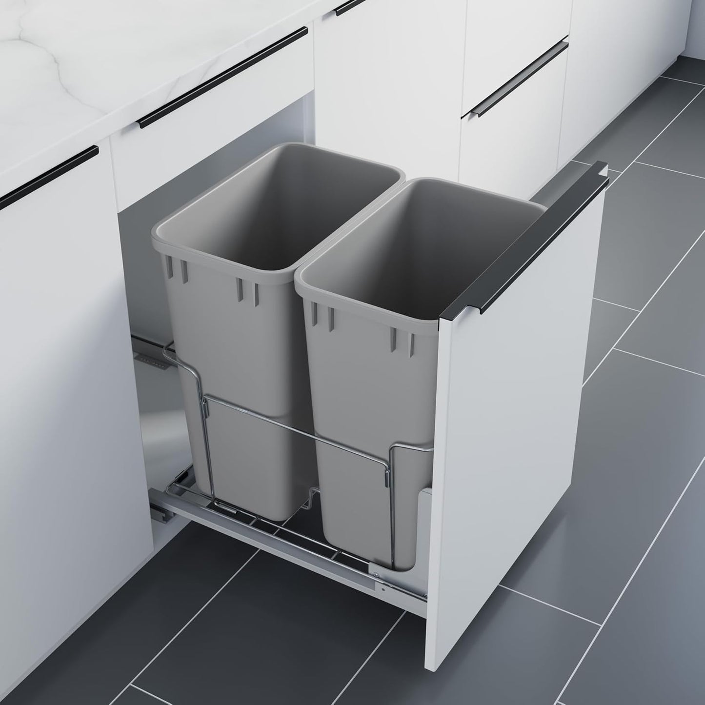 Dowell B18 Aluminum Base Wastebasket Pullout with Door Mount and Two 35Qt/9Gal Plastic Bins (4012 0218+35x2)