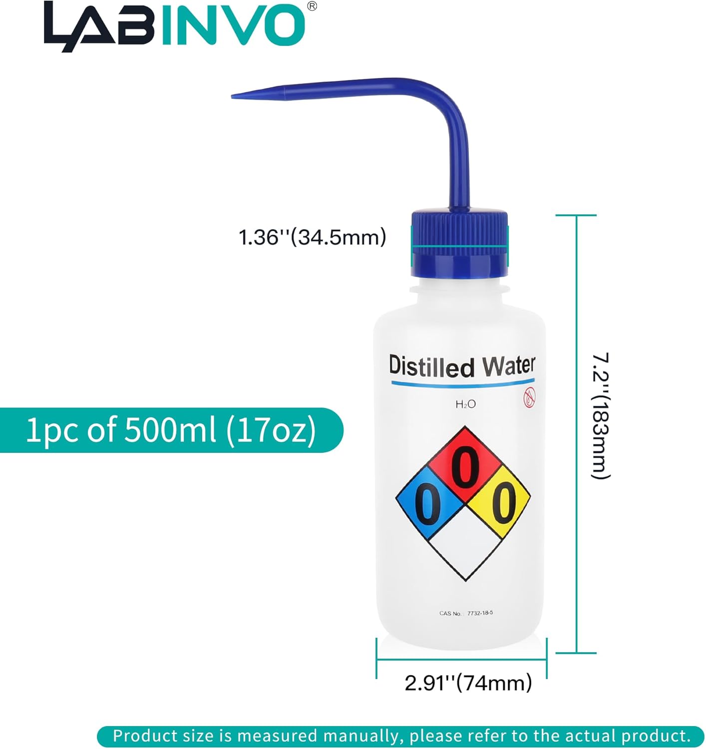 Distilled Water Wash Bottles, 1 PC of Vol.500ml (17oz), Narrow Mouth, Self-Venting Safety Wash Bottles, LDPE Material,IN-WBD501