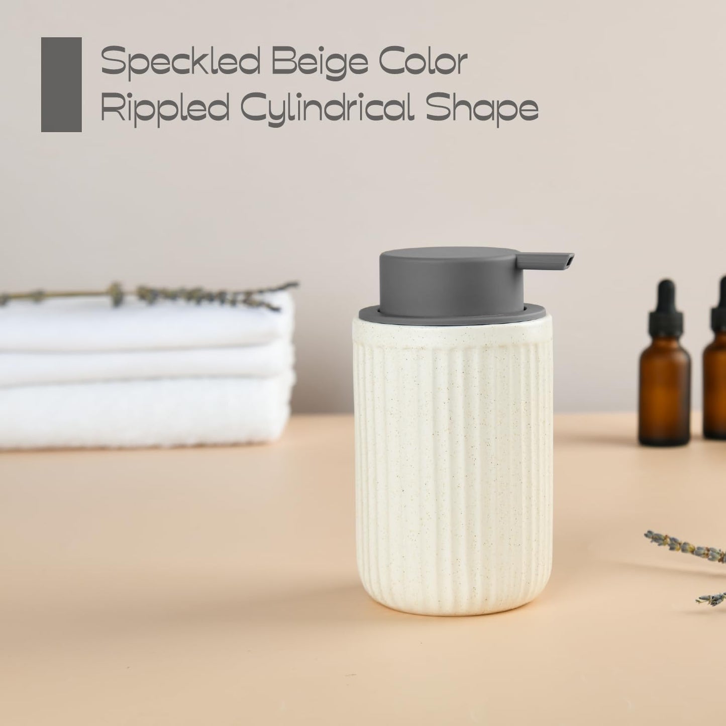 Beige Ceramic Foaming Soap Dispenser 2 Pack, Speckled Rippled 12 oz Bottle with Gray Silicone Pump, Foam Dispenser for Kitchen or Bathroom, Speckled Beige