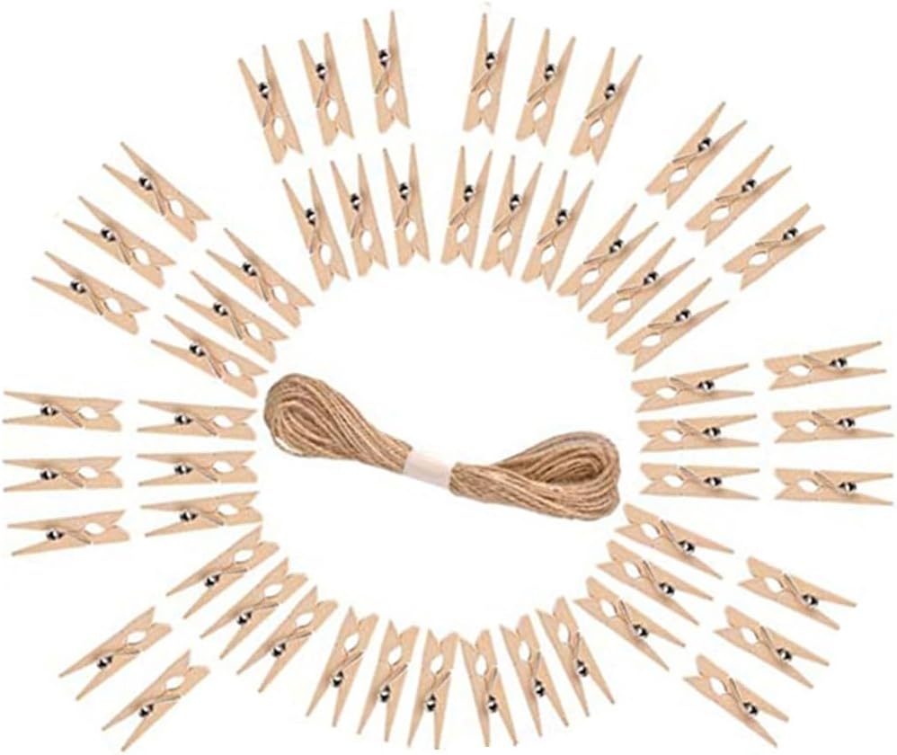 DurReus 50PCS 1.4inch Small Natural Wooden Clothespins for Pictures with Jute Twine Paper Peg Clips Photo Holders Hanging Crafts Home Wall Decor