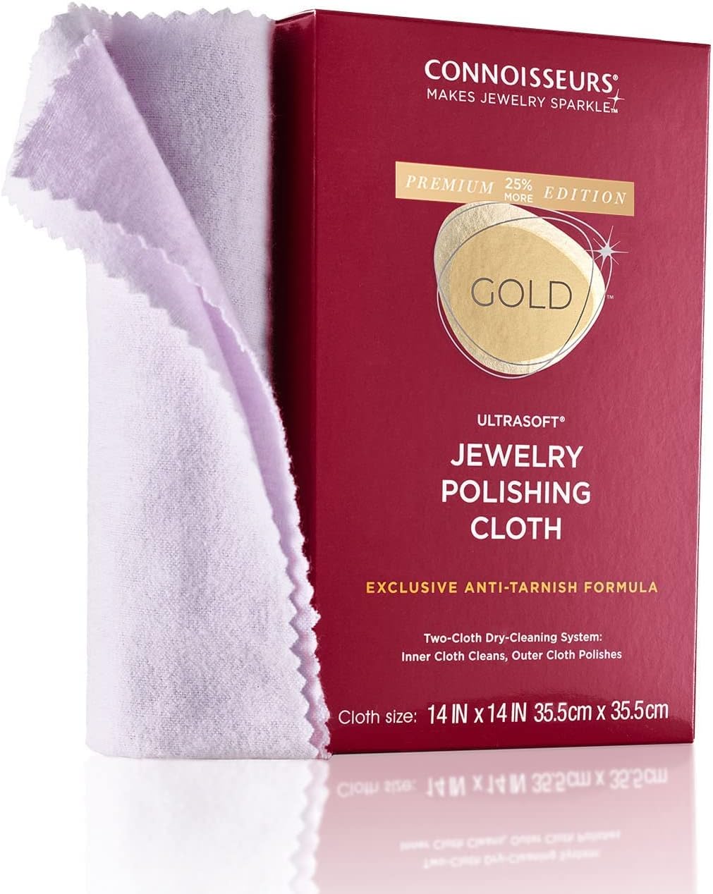 CONNOISSEURS Premium Edition Extra Large Polishing Cloth for Gold Jewelry - Ultrasoft Fabric with Anti-Tarnish Formula - 14x14 Inches