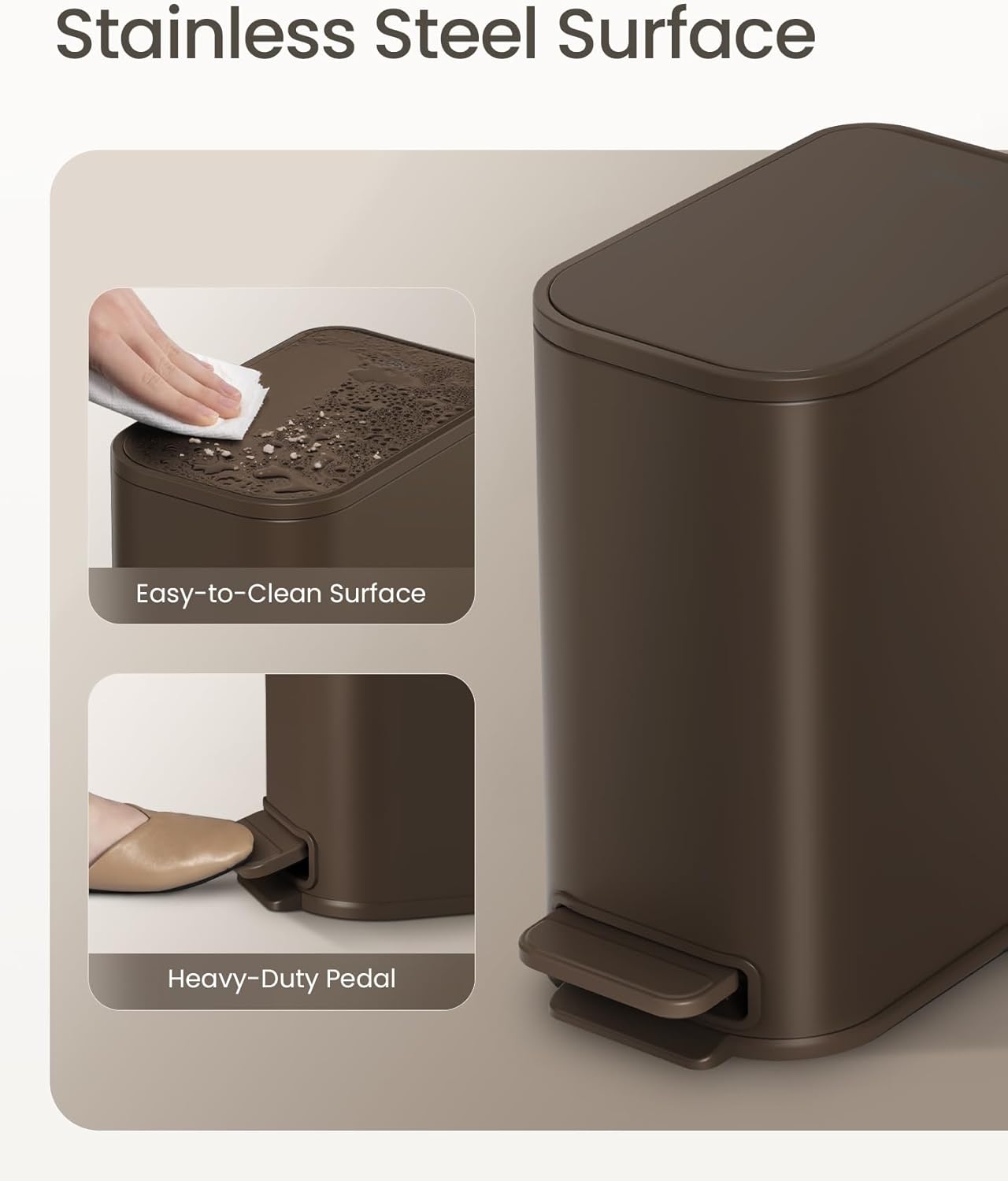 Cesun Small Bathroom Trash Can with Lid Soft Close, Step Pedal, 5 Liter / 1.3 Gallon Stainless Steel Garbage Can with Removable Inner Bucket, Waste Basket for Bathroom, Bedroom (Brown)