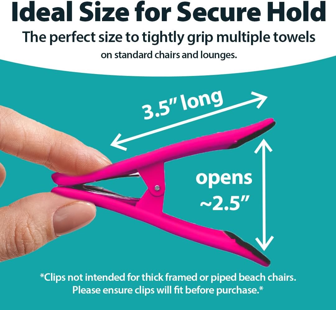 CoreClips Towel Clips for Beach Chairs - Set of 4 Pool Towel Holder Clips for Lounge Chairs on Cruise, Large 2.5” Opening Heavy Duty Clip for Towels on Boat Loungers with Travel Pouch - Pink