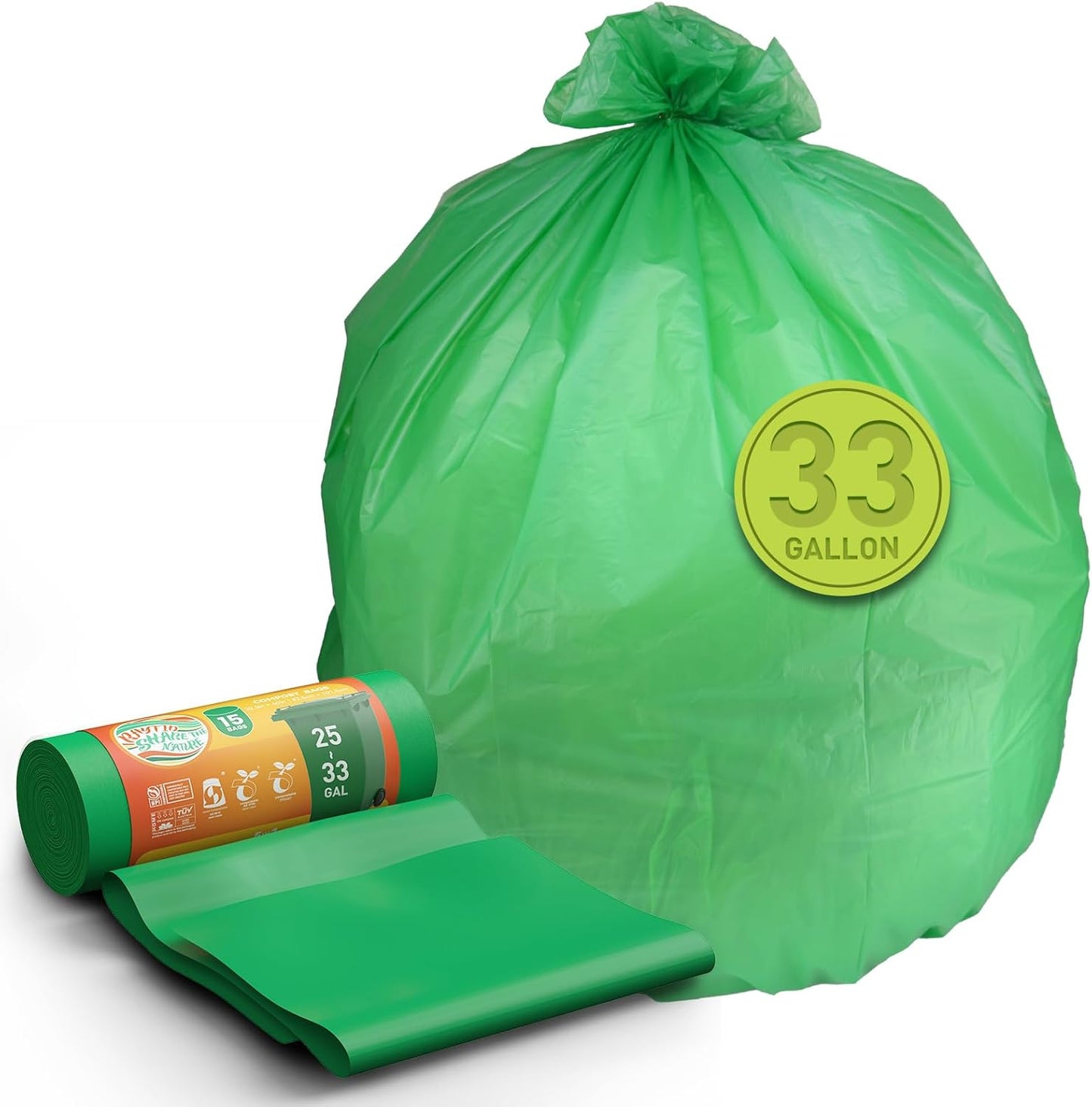 Compostable 33 gallon Large Garbage Bags,15 Count, Fits 33-36 gallon trash can, Extra Strong and Durable,Compostable Lawn & Leaf Yard Waste bags,ASTM D6400,Bpi Certified&OK compost HOME certified