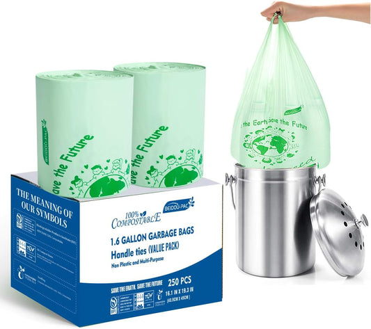 1.6 Gallon Compostable Trash Bags with Handle, 250 Count Small Compost Bags, Biodegradable Kitchen Garbage Bags, Food Scrap Waste Bags for Countertop Bin, ASTM D6400, US BPI Certified