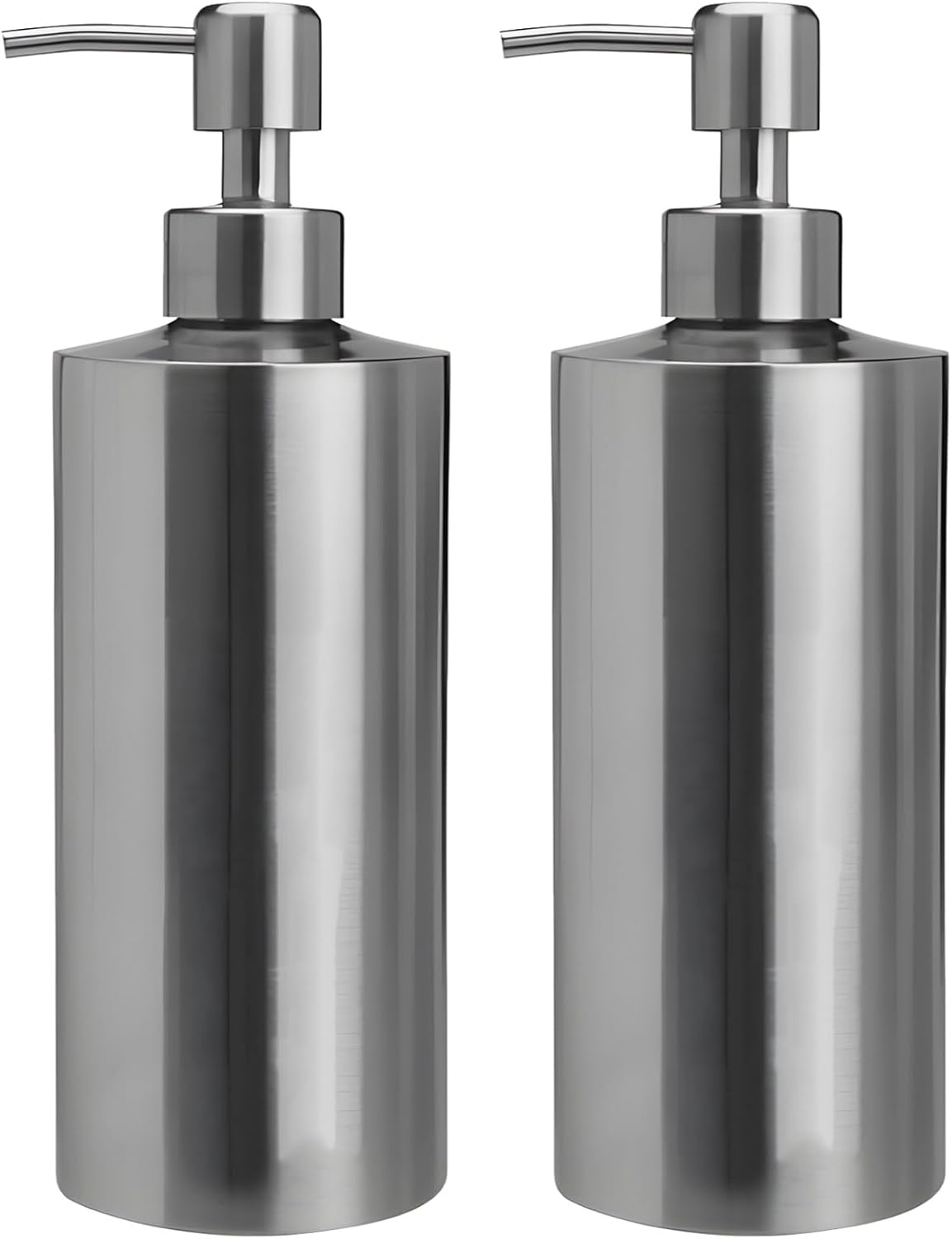2 Pcs Large 304 Stainless Steel Soap Dispensers, 18.6 fl oz/550 ml Refillable Liquid Pump Bottles for Kitchen, Bathroom, Countertop, Modern Brushed Silver Cylindrical Design