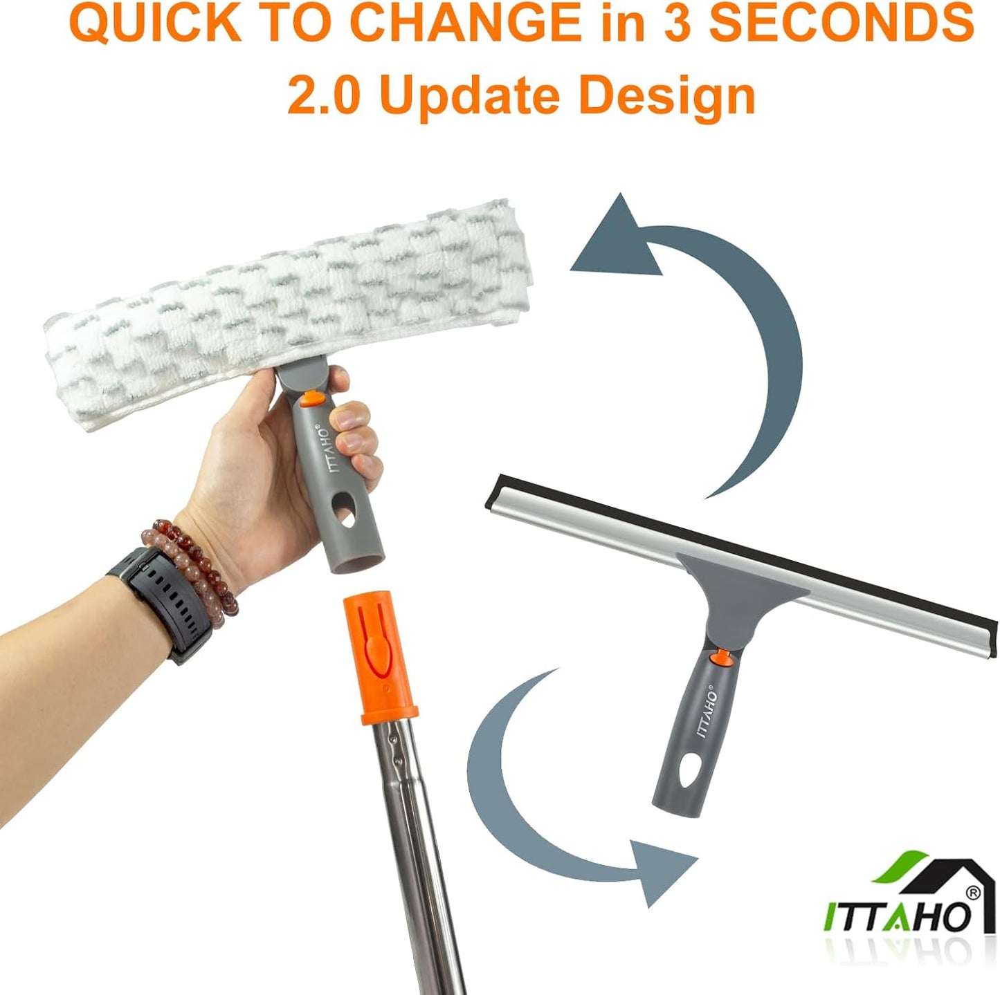 ITTAHO Squeegee for Window Cleaning,12" Squeegee and 11" Microfiber Scrubber Combi with Stainless Steel Pole,Extendable Window Cleaner for Car,Sliding Door,Shower Glass Door-Swivel Style-2 Pads
