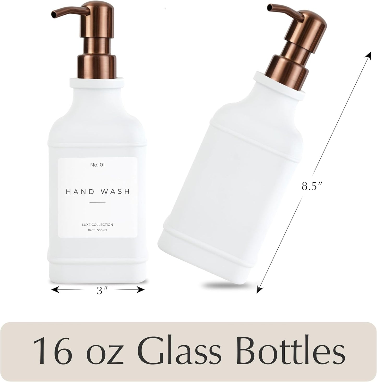 Emerson Essentials Soap Dispenser, Dish Soap Dispenser, Soap Bottle Bathroom Set, Hand Soap Dispenser, Kitchen Soap Dispenser Set - Glass Soap Dispenser with Pump and Labels, 16 Oz, 2 Pack