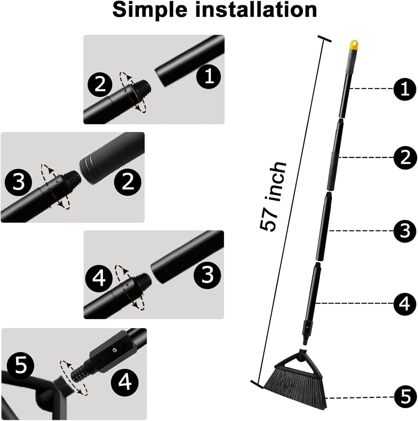 4PCS Heavy Duty Angle Broom, Long Pole Brooms for Indoor, Outdoor Sweeping, Kitchen to Courtyard, Black