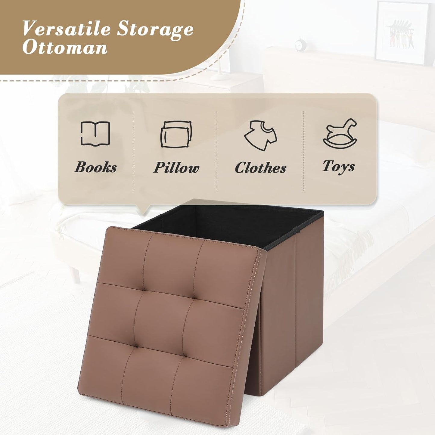 Athena Collection 15" Storage Ottoman Bench Folding Bench with 40L Hidden Storage, Small Cube Ottoman PU Leather Foot Rest Stool Chest with Flipping Lid for Living Room, Bedroom, Entryway, Brown