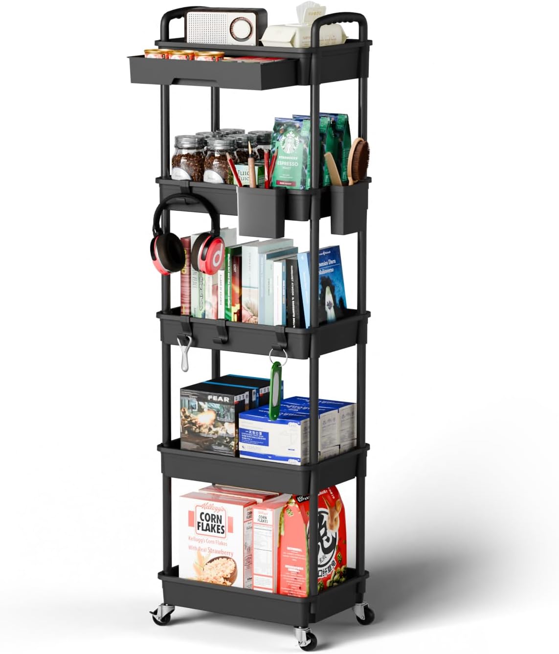 5 Tier Rolling Cart Organizer,Bathroom Cart Organizers with Wheels Laundry Room Organization Mobile Shelving Unit Utility Cart Storage Shelves Multi-Functional for Office, Home(Black)