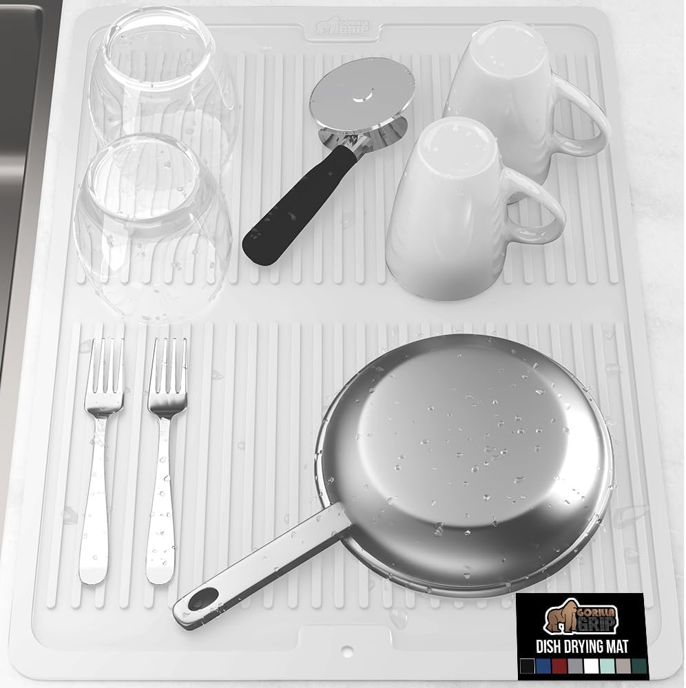GORILLA GRIP 100% BPA-Free Patented Silicone Dish Drying Mat for Kitchen Counter, 18x24 Inch, Water Catching Ribbed Design, Easy Clean Waterproof Sink Liner, Heat Resistant, Fits Under Rack, White