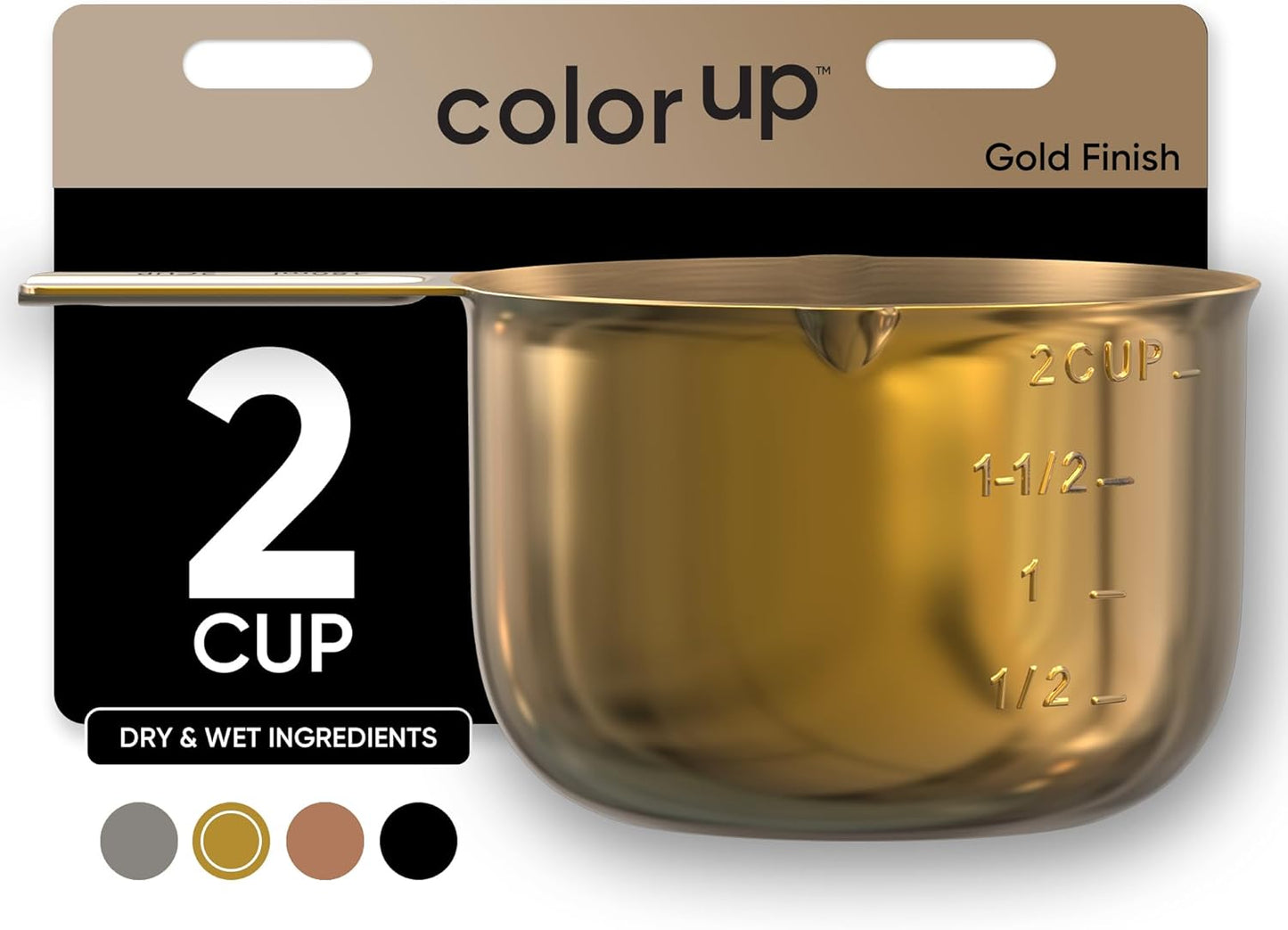 Color Up 2 Cup Measuring Cup, 480ml Gold Stainless Steel Metal Measuring Scoop, Easy-Pour Spouts, Engraved Markings, for Dry & Liquid Ingredients