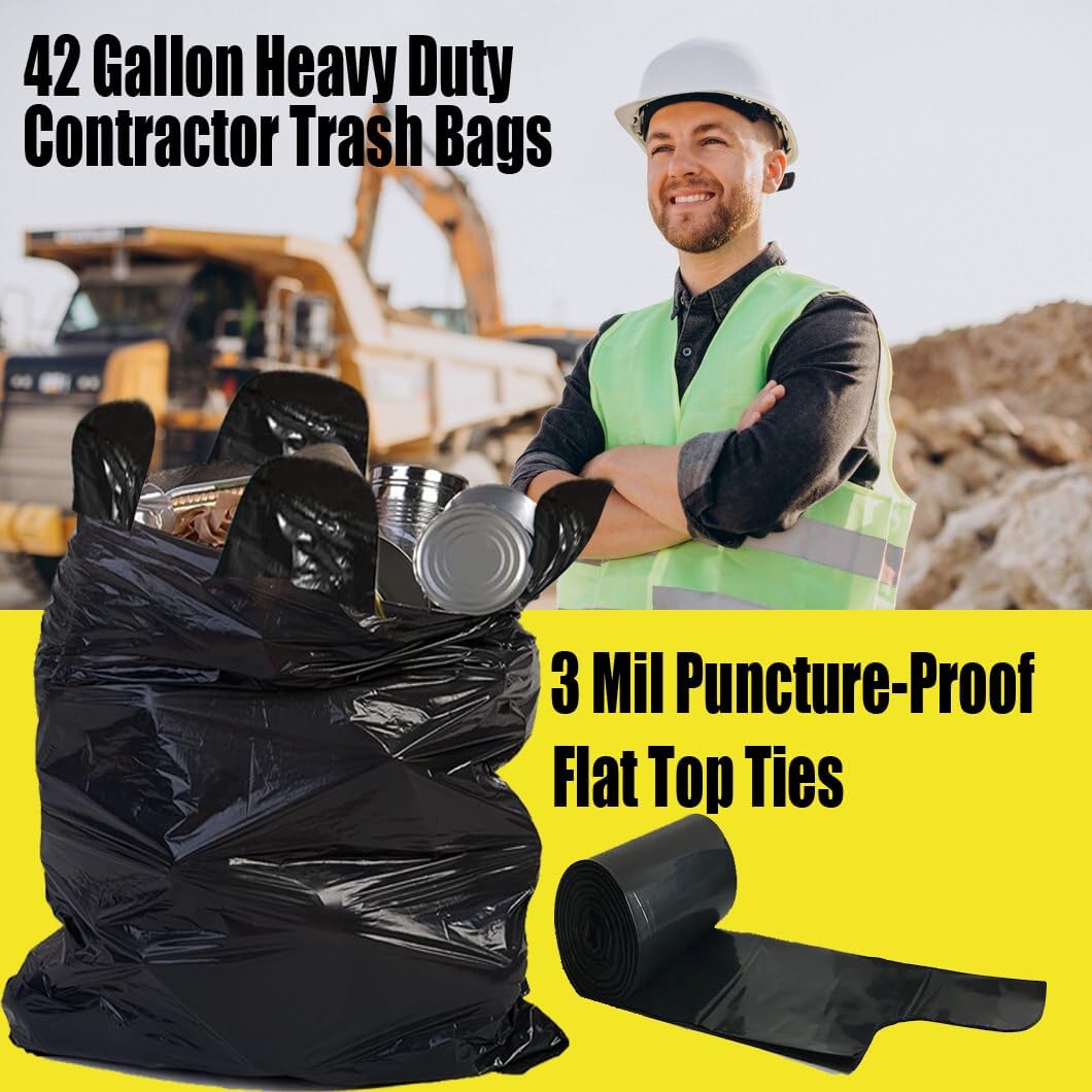 Contractor Heavy Duty Trash Bags 42 Gallon | 52 Count | 3 MIL | 32.8" X 46" | Large Black Flap Tie Construction Garbage Bags for Business Home Commercial, Industrial, Storage, Outdoor