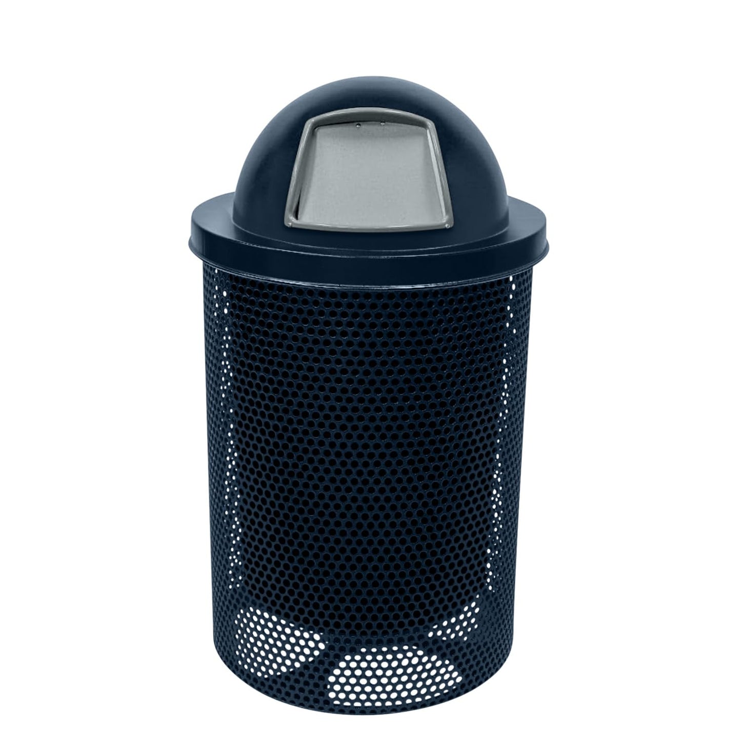 COATEDOUTDOORFURNITURE RDT-P-DBL Heavy Duty Round Trash Receptacle with Dome Top, Liner Included, 32 Gallon, Dark Blue, Made in America