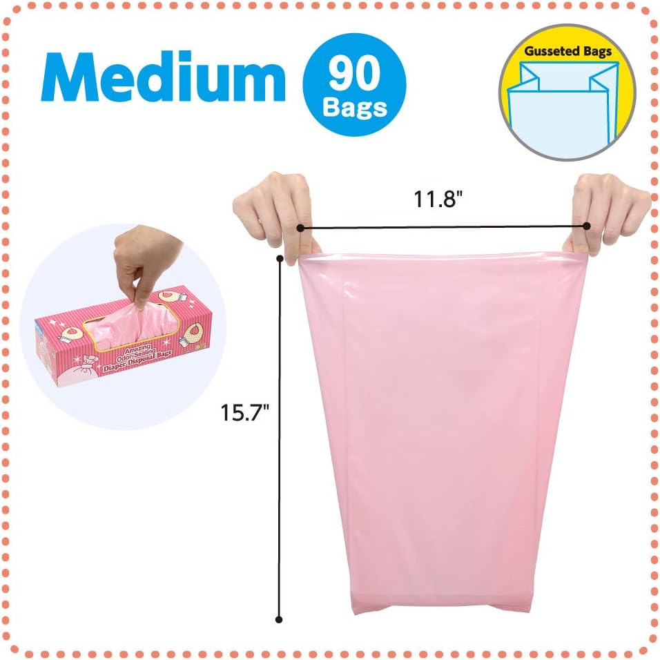BOS Amazing Odor Sealing Baby Diaper Disposal Bags - Durable and Unscented [Size: M, Color: Pink] (90 count, Pack of 1) (90 Bags)