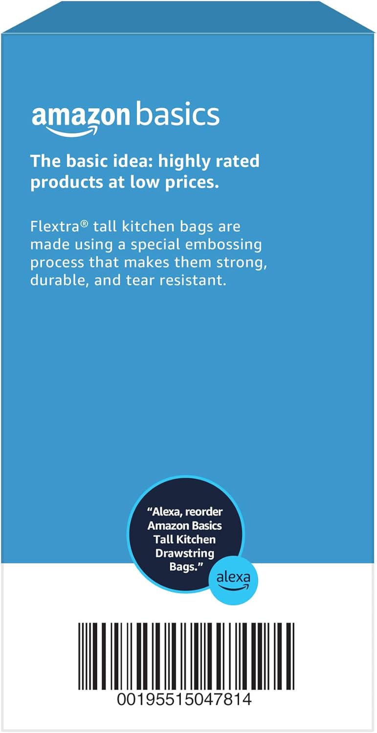 Amazon Basics 13 Gallon Flextra Strength Tall Kitchen Drawstring Trash Bags, Tear Resistant, 10% Post Consumer Recycled, 90 Count