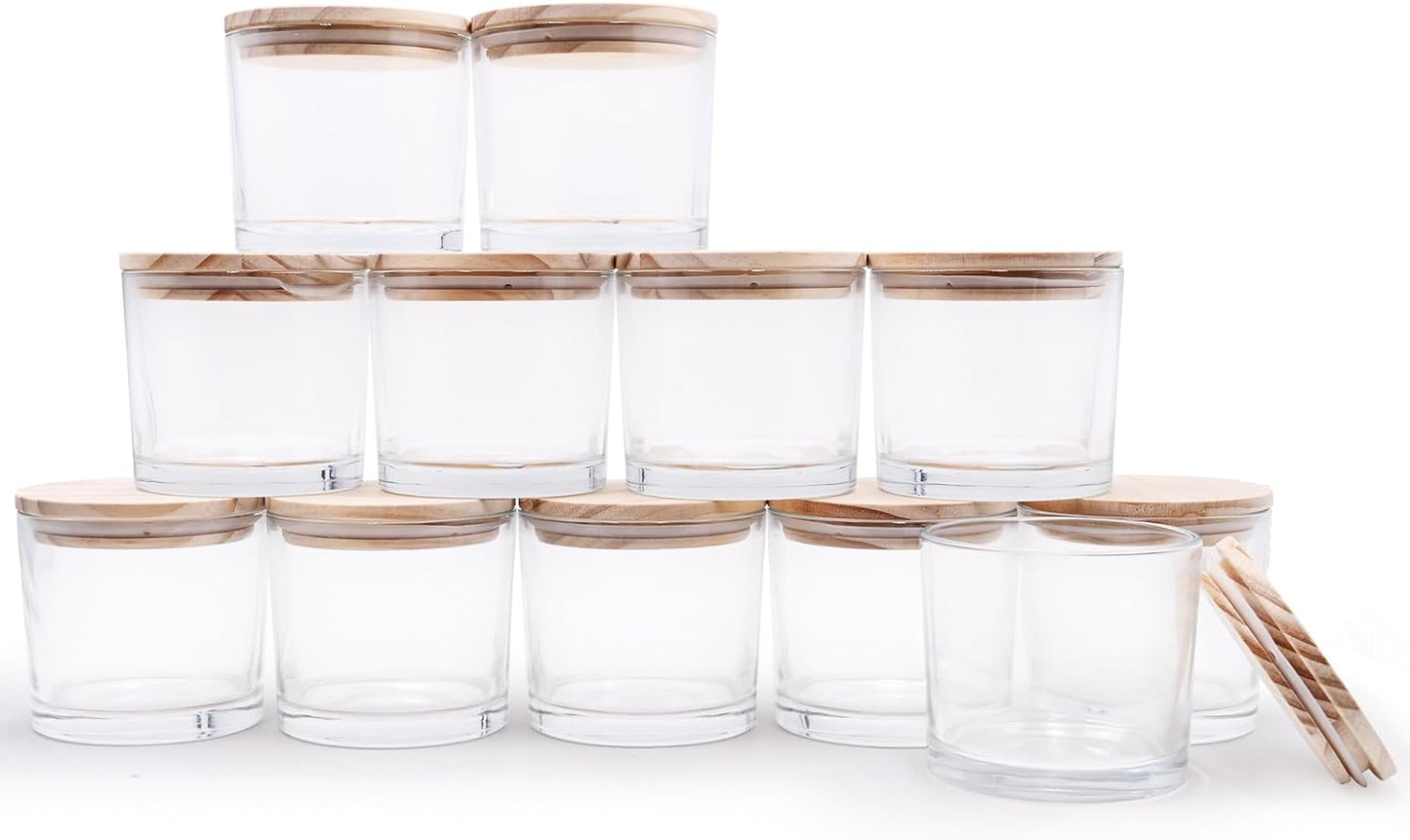 12 OZ Thick Candle Jars for Making Candles 12 Pcs, Empty Jars with Wood Lids for Spice Jars, Sample Container, Clear