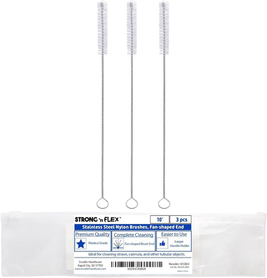 Strong 'n Flex Nylon Straw Cleaner Brushes – Fan-Shaped End for Tight Spaces, Ideal for Reusable Straws, Water Bottles, Sippy Cups & Pipes – Includes Zippered Pouch – 10" Long – Set of 3