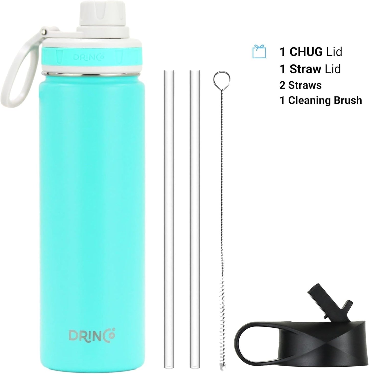 DRINCO Stainless Steel Water Bottle Spout Lid Vacuum Insulated Double Wall Water Bottle Wide Mouth (40oz 32oz 22oz 18oz 14oz) Leak Proof Keep Cold Sport Camping Hiking (22 oz, 22oz Teal)