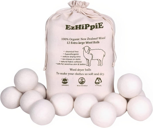 Ezhippie Quality Wool Dryer Balls - 12 XL Pack - 1000+ Loads - Pure Organic Wool - Reusable Natural Fabric Softener Perfect with Essential Oils, Reduce Clothing Static and Wrinkles