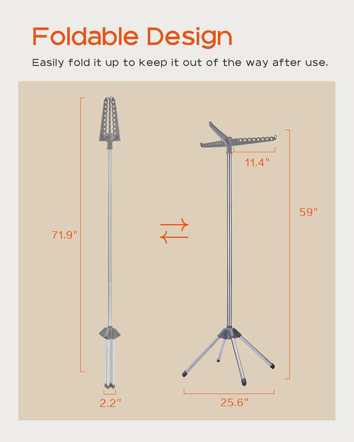 Clothes Drying Rack Foldable, 59 inch Tripod Laundry Drying Rack Indoor with Rotating Clothes Rail for 27 Pieces of Clothes, Space Saving, Stainless Steel, Grey and Silver CDR001G01