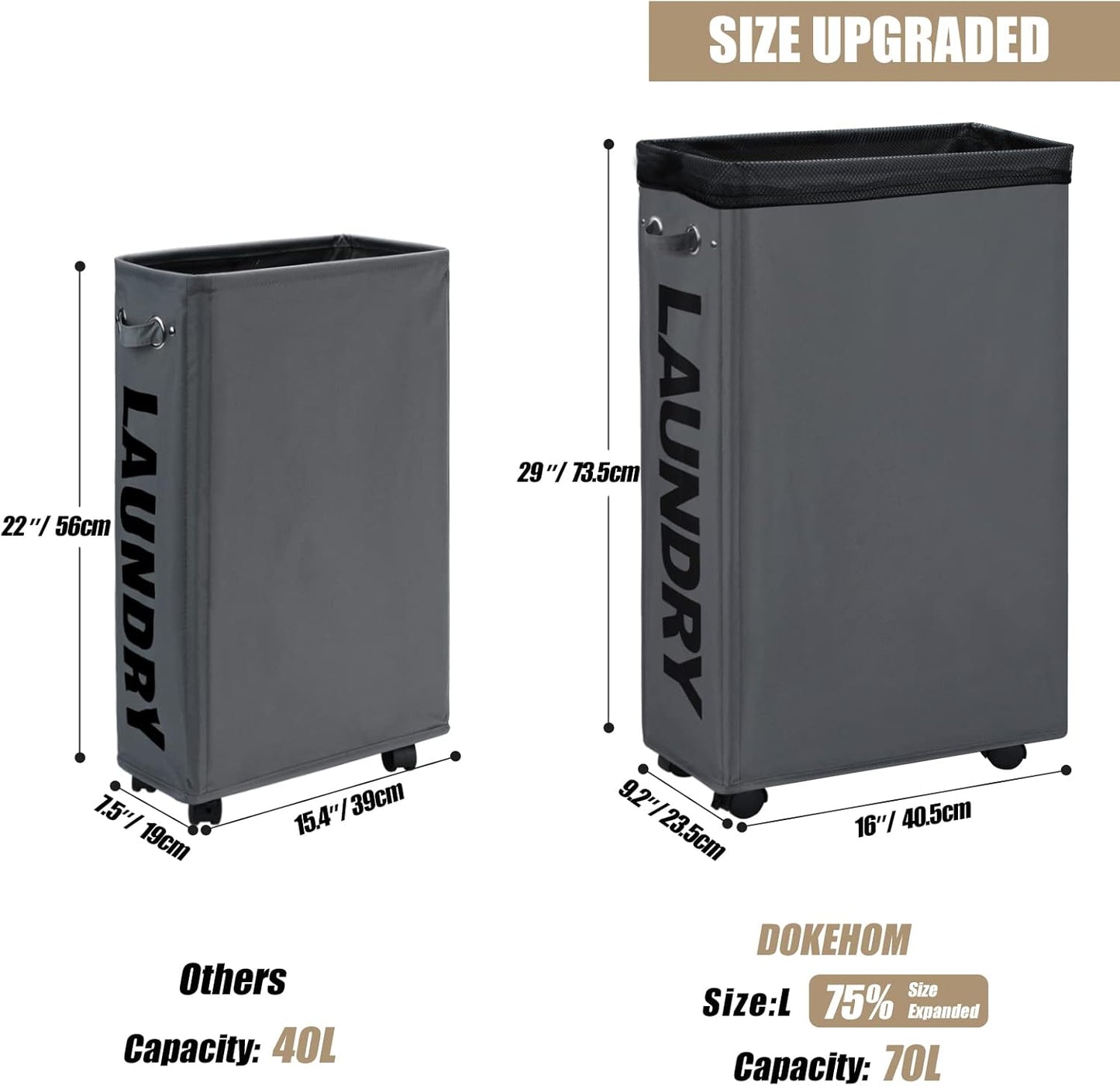 DOKEHOM 29-Inches Enlarged Slim Laundry Basket with Removable Wash Bag on Wheels, Collapsible Rolling Laundry Hamper, Foldable Narrow Corner Clothes Storage Bins (Dark Grey)