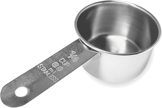 1/4 Cup Stainless Steel Measuring Cup | Sturdy Metal 60 ml | 60 cc | 2 oz | Single Cup for Wet and Dry Ingredients | Great for use as 1/4 Cup Dog Food Scoop - 1 PK