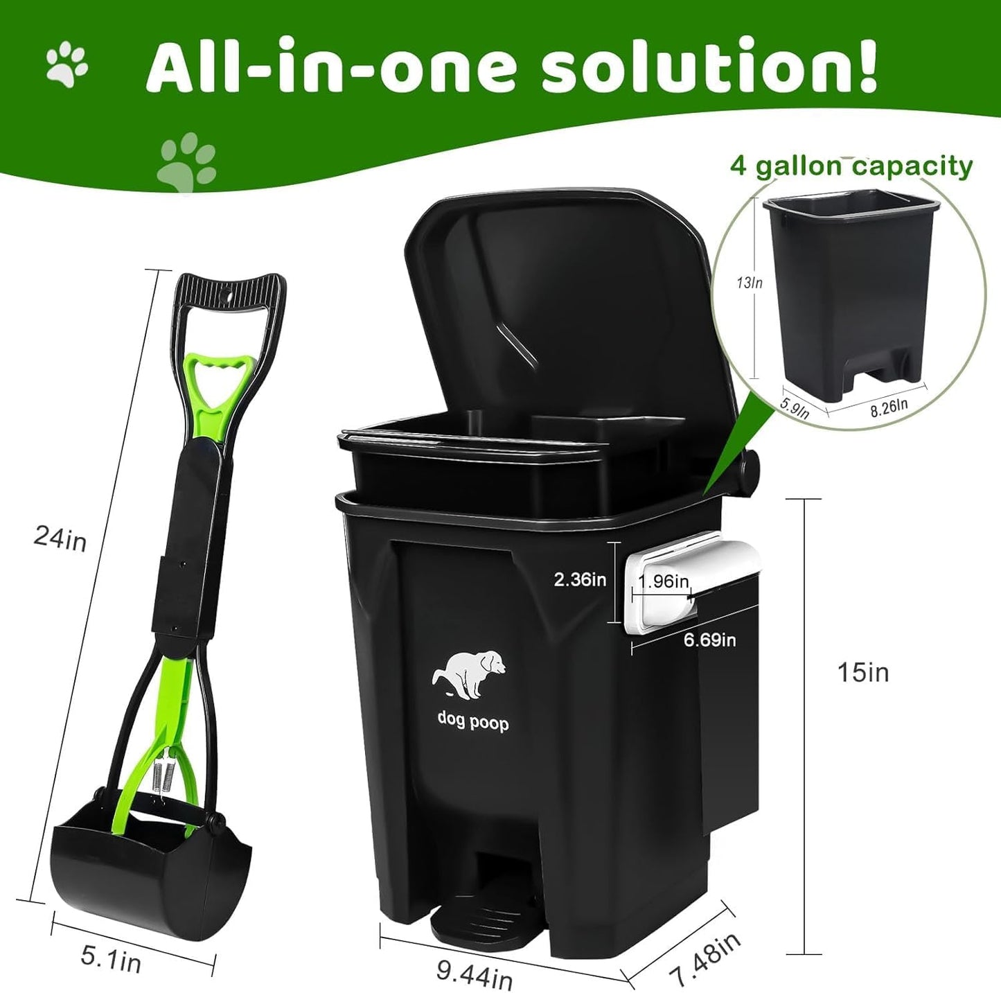 Dog Poop Trash Can Outside with Foldable Pooper Scooper, 20L/5Gallon Dog Waste Trash Can with Lid and 100 Bags, Pedal and Removable Inner Waste Bin, Black