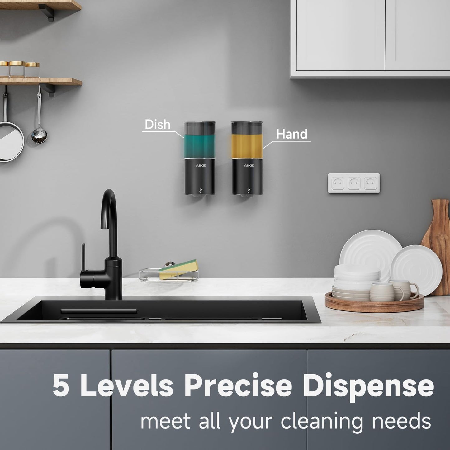 AIKE Automatic Soap Dispenser Wall Mounted for Kitchen and Bathroom, IPX7 Waterproof with Matte Black Stainless Steel Finish 13.5fl.oz.for Liquid Soap