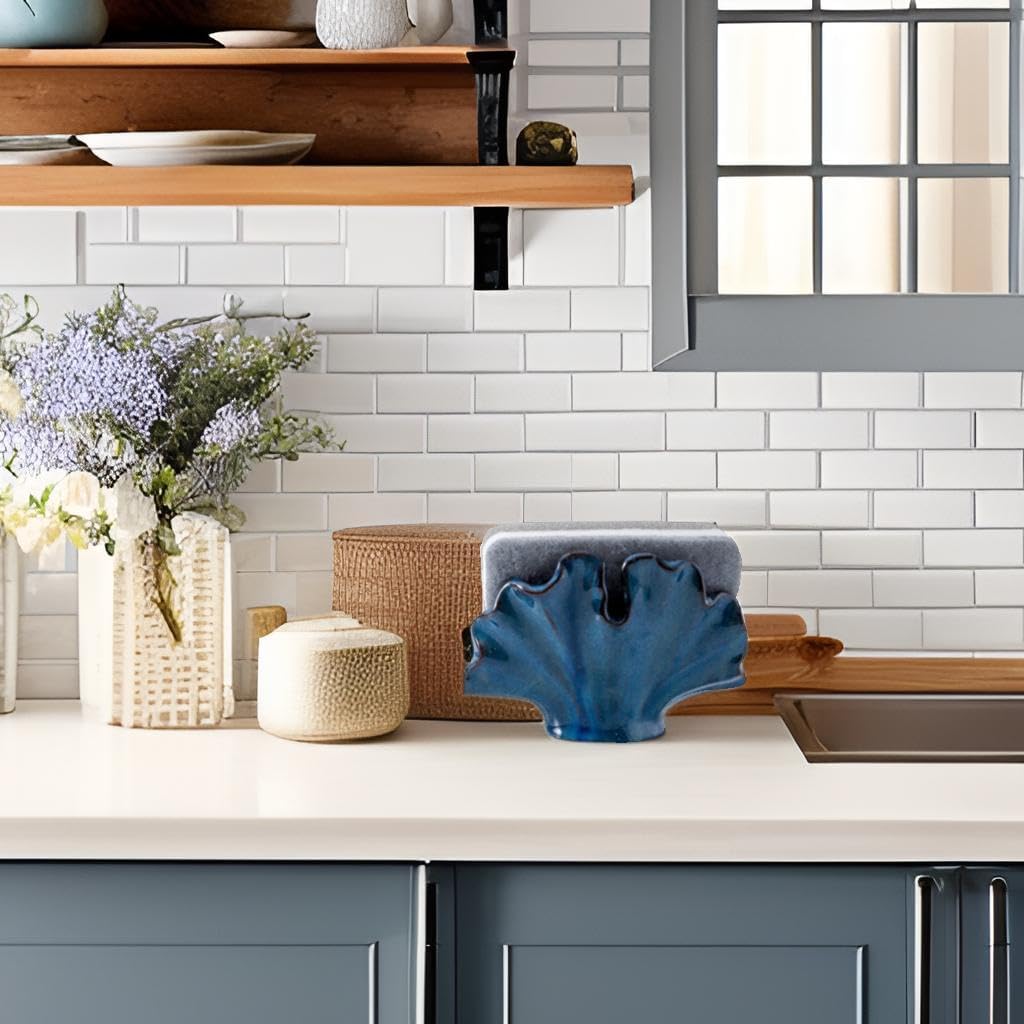 Ceramic Sponge Holder,Sponge Holder for Kitchen Sink,Compact Sink Caddy Organizer-Scouring Pad and Dish Sponge Holders,Farmhouse Kitchens Decor Cute Kitchen Gadgets Accessories(Blue)