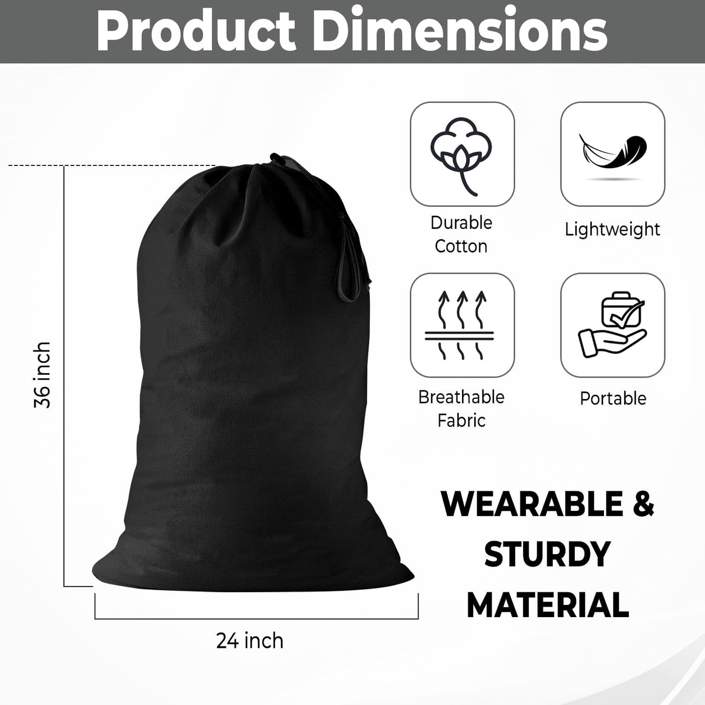 2 Pack - Extra Large Cotton Laundry Bag, Heavy Duty Large Laundry Bags 24 x 36 inch XL Drawstring Travel Organizer Bag Fit Hamper Basket Camp (Dark Grey, Pack of 2)